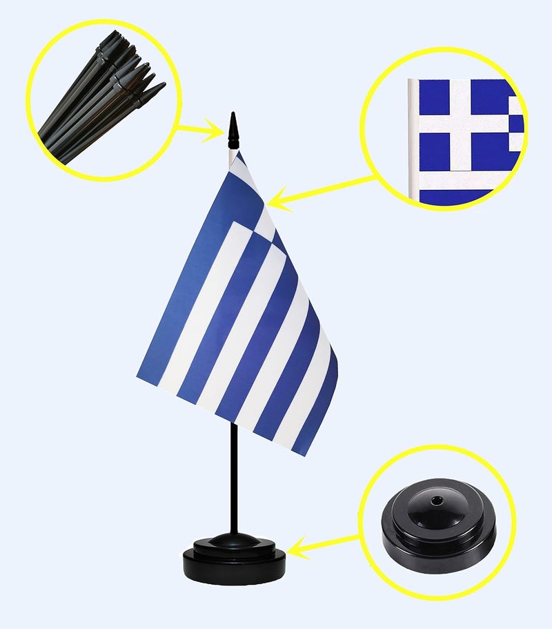 tibijoy Greece Greek Deluxe Desk Flag Set, Small Mini Miniature Greece Greek Table Desktop Flags With Solid Pole, Black Base and Spear Top(2 Pack) - Image 2